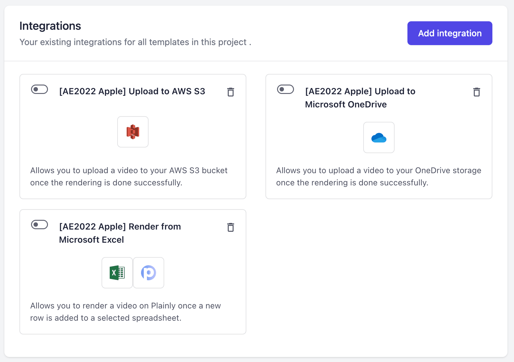 Integrations card on the Project details page