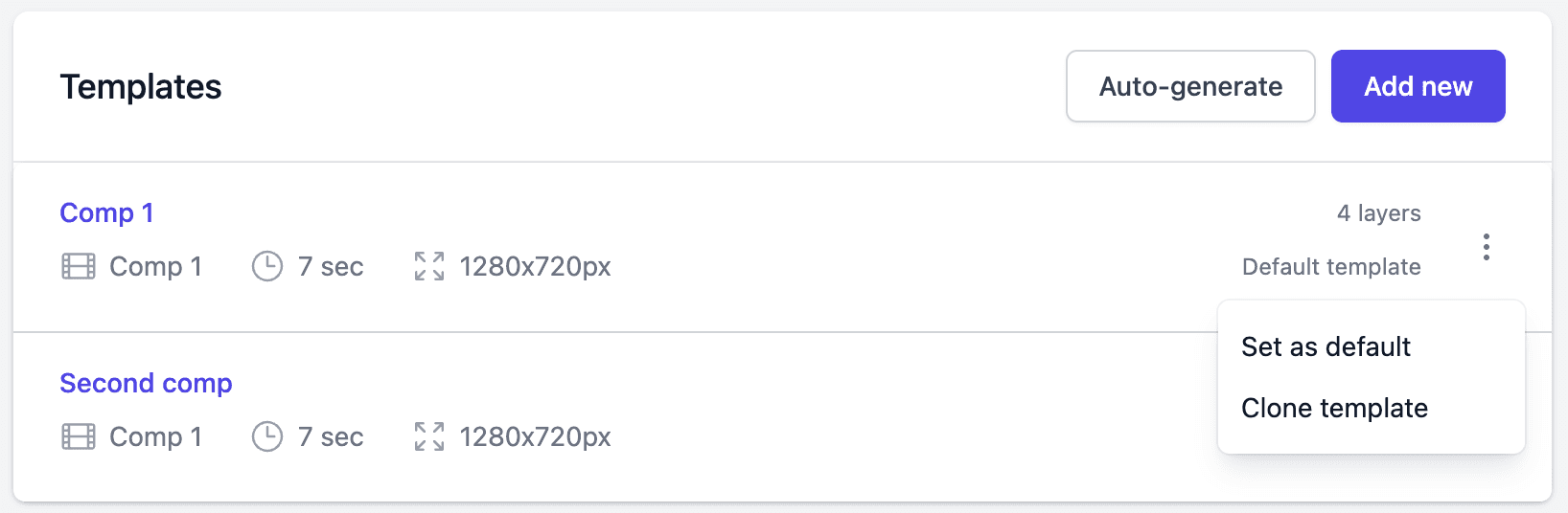Templates card on the Project details page