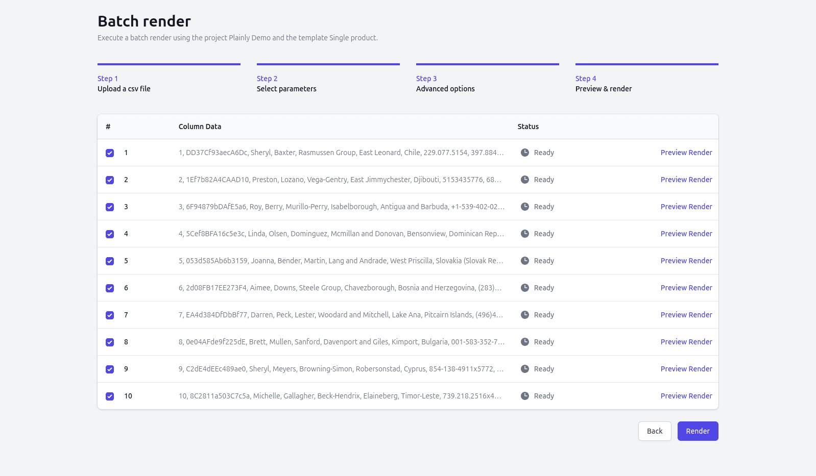 Batch render preview table