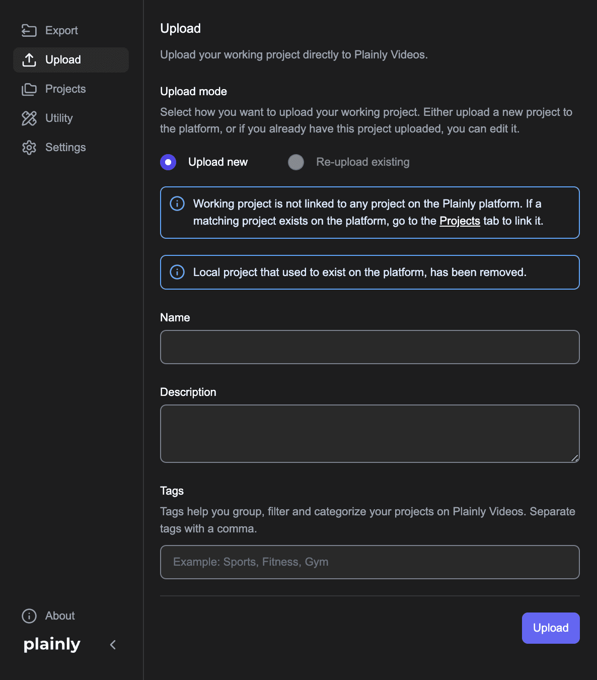 Plainly videos plugin upload project tab